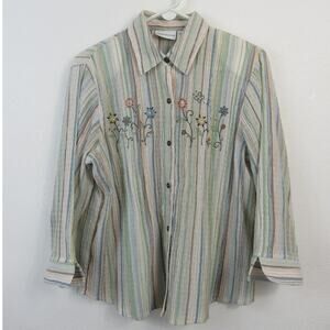 Alfred Dunner Size 12 Gauzy 3/4 Length Sleeves Button Up Short Floral Embroidery